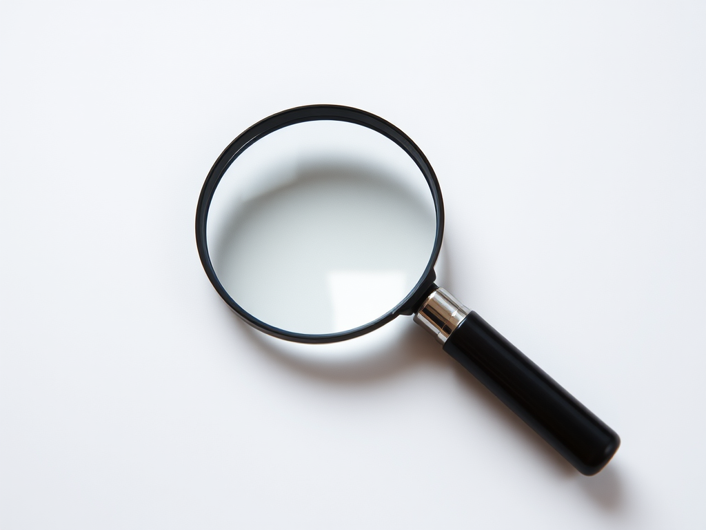 Create a high-resolution image of a magnifying glass over a blank piece of paper, using a Canon EOS R5 camera, 50mm lens, f/1.8 aperture, ISO 100, and a soft-focus background to enhance clarity and depth.