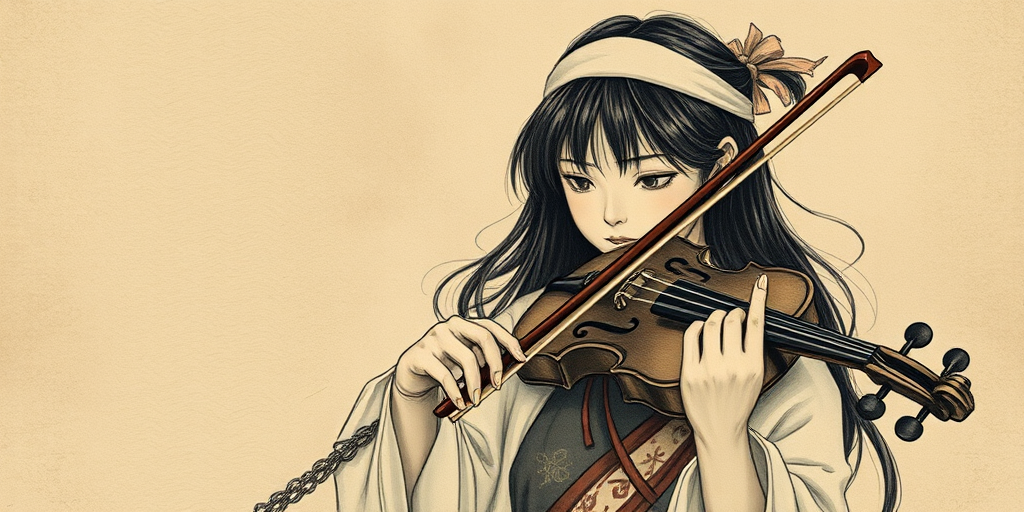 a young Ainu woman with a white headband playing a violin, in the style of a charcoal drawing, sepia grunge background