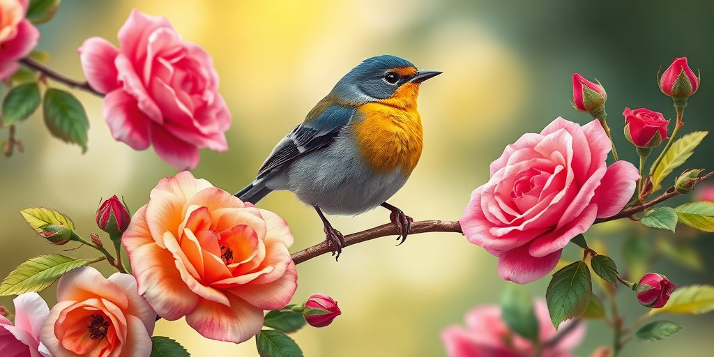 Generate a vibrant illustration of a bird perched on a floral branch with colorful roses, detailed texture, soft focus, balanced lighting, shot with a DSLR camera at f/2.8, 50mm lens, ISO 100, natural light.
