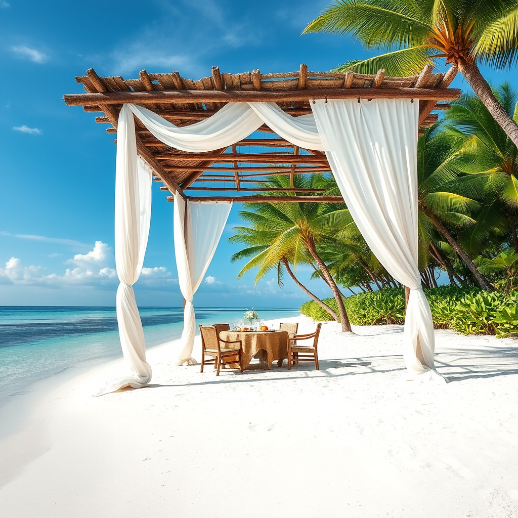 Create a picturesque tropical beach scene featuring a serene, white sandy shore. In the foreground, there's a rustic wooden canopy with white drapes gently flowing in the breeze. Underneath the canopy, a table is set with tropical decor, evoking a sense of relaxation and leisure. The beach extends into a calm, shallow water area with reflections of the sky and surroundings. Palm trees and lush greenery line the edge of the beach, providing a natural, tropical backdrop. The sky is clear with a few scattered clouds, and the overall atmosphere is tranquil and inviting, perfect for a peaceful retreat.