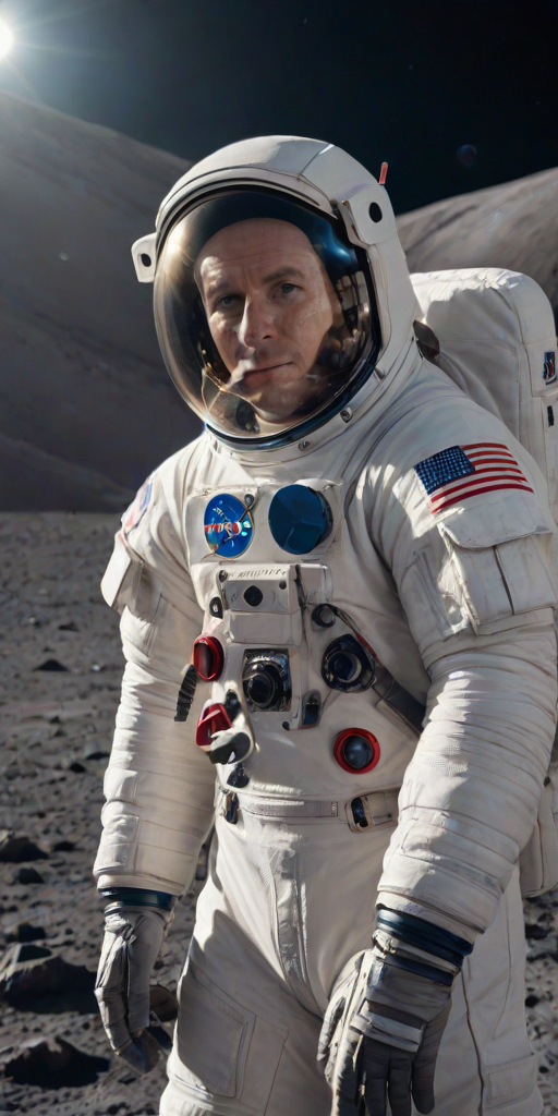 A close up of an astronaut with a large Tesco Value logo patch on the arm of his simplistic spacesuit, the front of the suit has some basic looking dials and switches, on the moon