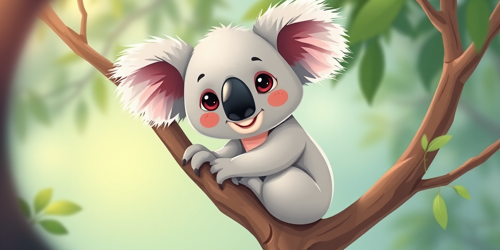 Create a high-quality digital illustration of a cute cartoon koala sitting on a tree branch, high-resolution 4K, close-up view, vibrant colors, using a Canon EOS R5 with an 85mm f/1.4 lens at ISO 100, aperture f/2.8, and shutter speed 1/200s.