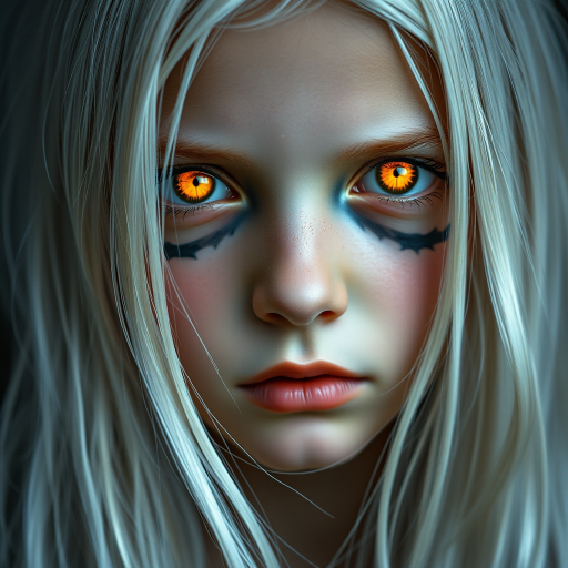 A young girl with long white hair and glowing orange eyes, dark circles around her eyes for a haunting effect, shot with a Canon EOS R5, 50mm lens, aperture f/1.8, ISO 200, natural soft lighting, close-up portrait style to enhance details and texture.