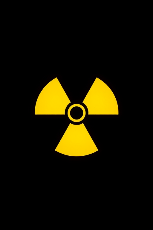 Regenerate a high-resolution image of a yellow radiation symbol with a black design, using a DSLR camera, 35mm lens, f/8 aperture, 1/125 shutter speed, and an overhead lighting setup for even illumination.