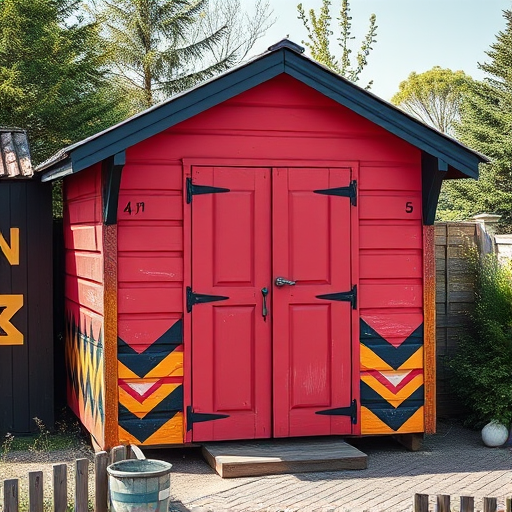 Create an image of a colorful shed with a black roof, painted in red, yellow, and black chevron patterns on the sides, captured with a DSLR camera using a 50mm lens, aperture set to f/1.8, ISO 100, at a low angle shot to highlight the textures and colors, with natural lighting to enhance vibrancy and contrast.