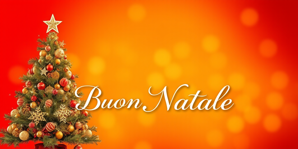 Create a festive background with a gradient from red to golden yellow, featuring a beautifully designed Christmas tree with intricate golden decorations, sparkling stars, and the text "Buon Natale" in an elegant cursive font, shot with a DSLR camera at f/2.8 for a shallow depth of field, 50mm lens, ISO 200, capturing vibrant colors and soft bokeh effects.