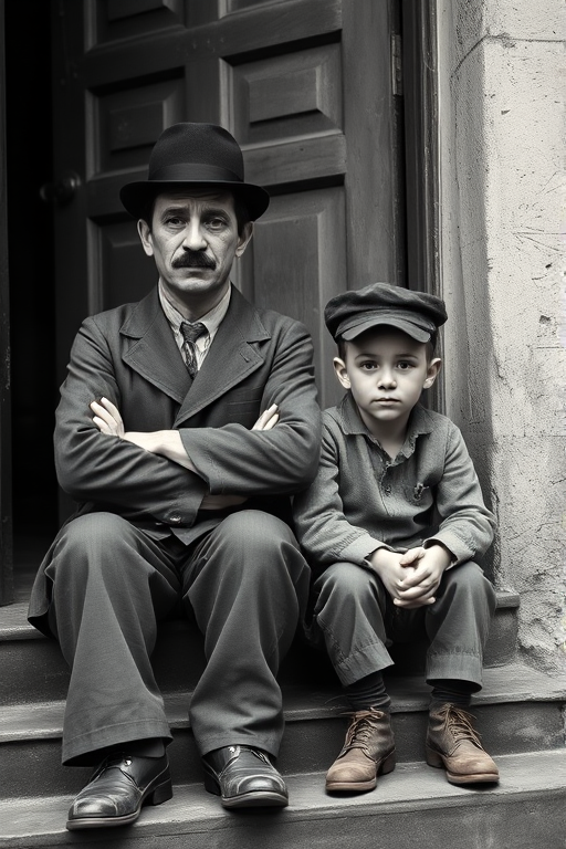 A black-and-white photograph of a man and a child sitting on steps in front of a doorway. The man is dressed as a tramp with a bowler hat, mustache, and ragged clothes, reminiscent of Charlie Chaplin's iconic look. He is sitting with his arms crossed and an expression of slight sadness or frustration. Next to him is a young boy, also in worn clothes and a cap, sitting with his hands clasped, looking thoughtful. The background is an old, textured wall and a partially open door, creating a vintage, early 20th-century atmosphere.