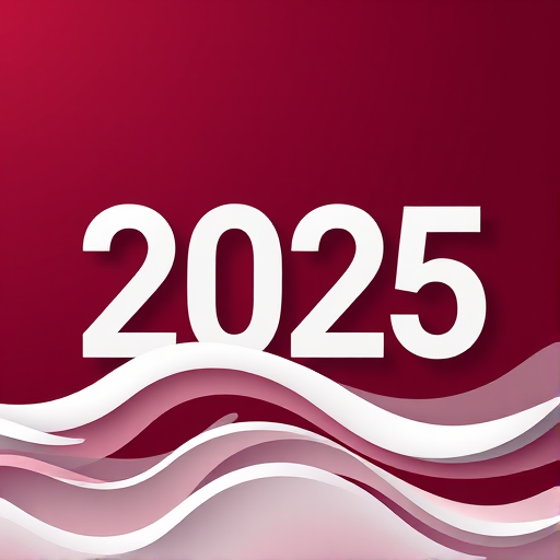 Generate a modern digital artwork featuring the year 2025 with flowing wave-like patterns in white on a deep burgundy background, captured with a Canon EOS R5, 50mm lens, f/1.8 aperture, ISO 100, and high dynamic range to enhance details and contrast.