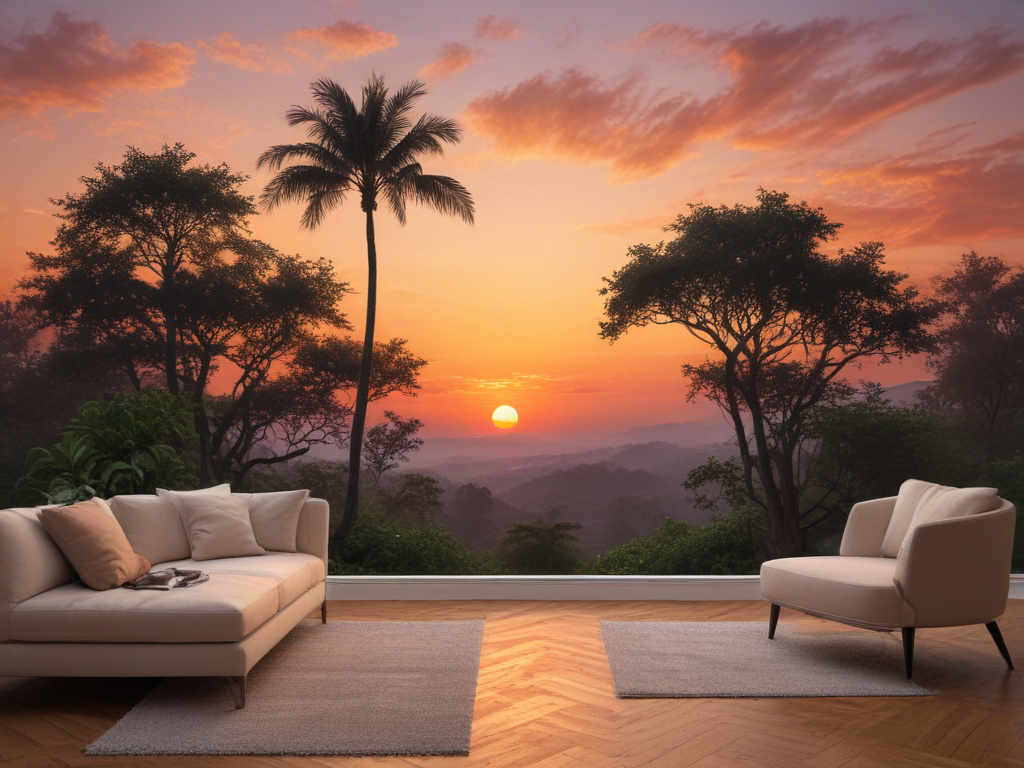 Tranquil Sunset Over Lush Trees with Cozy Living Room Setting