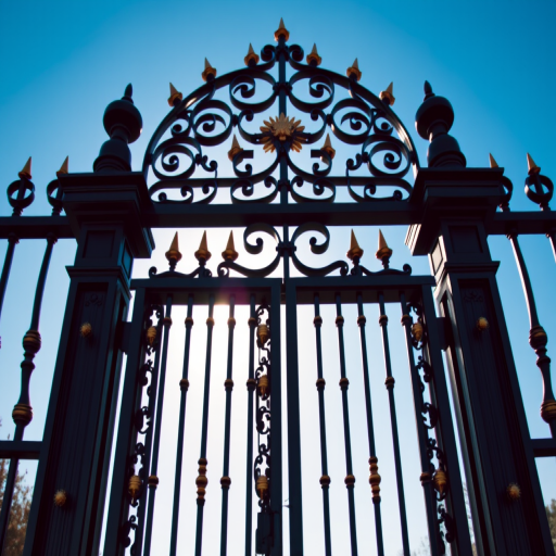Create an image of an ornate black iron gate with golden spikes, set against a clear blue sky, taken from a low angle with a wide aperture (f/2.8), shutter speed 1/250 sec, ISO 100, using a DSLR camera with a 24mm lens to emphasize depth and detail.