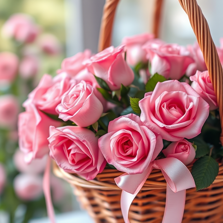 Create a vibrant and detailed illustration of a basket filled with pink roses, featuring a soft ribbon, using high-resolution digital art techniques, shot in macro view to capture intricate details, with a focus on natural light and a depth of field effect to enhance the visual appeal.