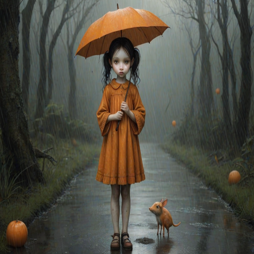 An eerie, weird little girl with dark hair in thin pigtails, wearing a smock dress, standing in the rain, holding a dirty orange umbrella, a small, odd creature beside her. In a surreal style inspired by Nicoletta Ceccoli and Brian Froud. Dark fantasy themes