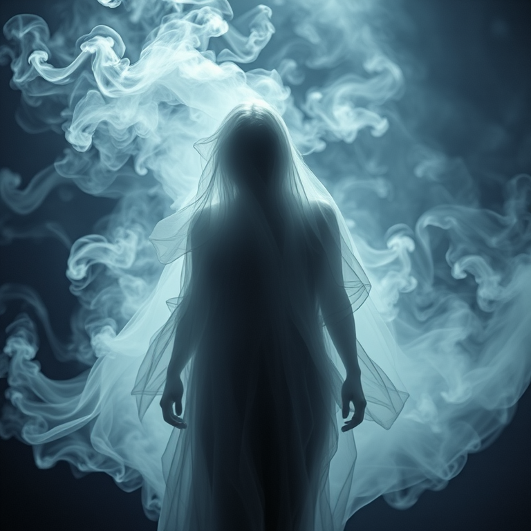 Create an ethereal image of a ghostly figure composed of flowing smoke, captured in soft focus with a Canon EOS R5, 50mm lens, f/1.8 aperture, ISO 100, 1/200s shutter speed, in a low-lit environment to enhance the mystical aura.