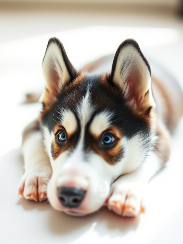Siberian Husky puppy lying on a white background, soft natural lighting, shallow depth of field, 50mm lens, f/2.8, ISO 100, shot from a low angle at eye level.
