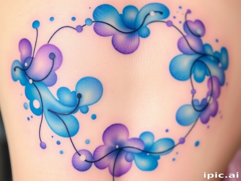 Vibrant watercolor splashes form an intricate "Aquarelle Dream" tattoo, blending soothing blues and purples with delicate linework, creating a dreamy and ethereal appearance on the skin