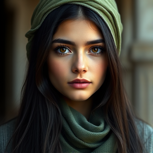 Create a portrait of a young Georgian woman with long, dark hair and captivating hazel eyes. She is wearing a green headscarf and a matching scarf draped gracefully around her neck. The background is softly blurred, focusing attention on her serene and natural expression. The overall color palette is muted and warm, enhancing the intimate and authentic feel of the portrait.