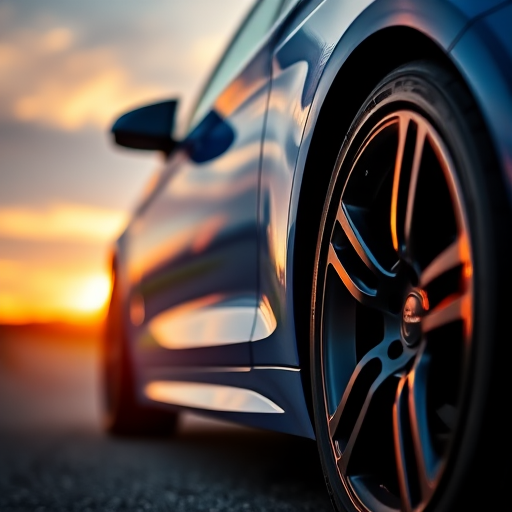 Capture a close-up shot of a blue car's side profile with a focus on the stylish alloy wheels, at sunset with soft bokeh in the foreground, using a DSLR camera with a 50mm lens, aperture f/1.8, shutter speed 1/200 sec, ISO 200, and a low angle view.
