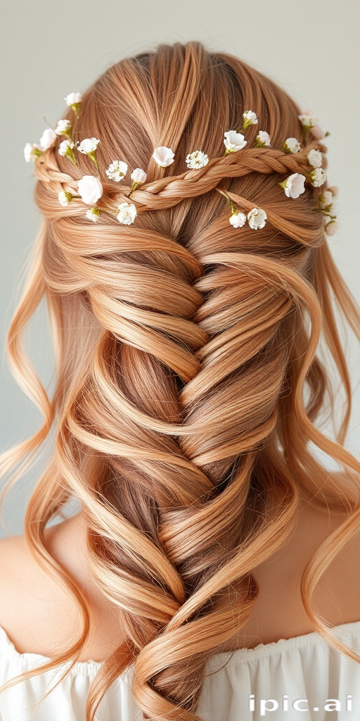 Romantic Rose Gold Braided Crown adorned with delicate baby's breath flowers, soft pastel pink tones melting into warm peach hues, creating an enchanting and feminine hairstyle