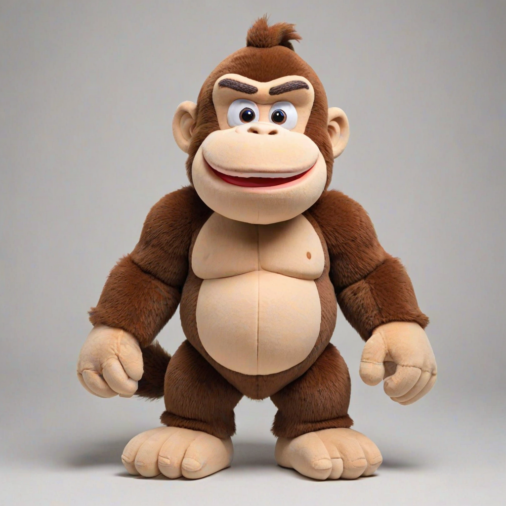 Donkey Kong children's version of an adorable and cute cotton plush with a full body on a white background. A good front pose is visible with extreme quality and every detail. The image features good lighting, a well-chosen color palette, and a 3D appearance.
