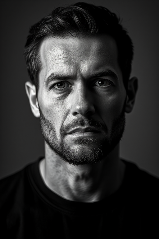 regenerate a high-contrast black and white portrait of a man with a serious expression, using a 50mm lens, f/1.8 aperture, ISO 100, 1/125s shutter speed, with dramatic side lighting to emphasize facial features and textures, captured in a studio setting with a soft gradient background