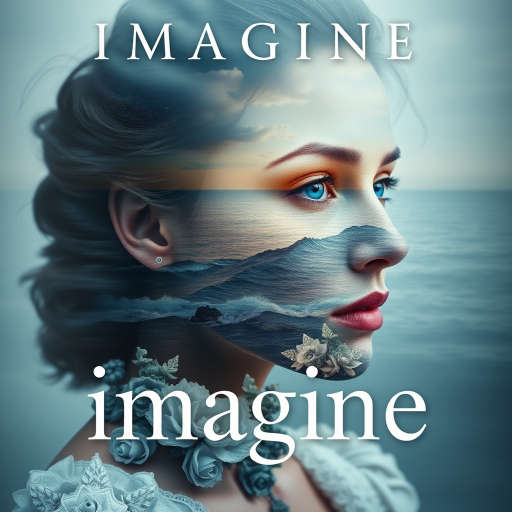 imagine Book cover, A surreal double exposure portrait that blends a woman's face with a beautiful seascape. The overall mood is dreamy and mystical, with rich colors and intricate details