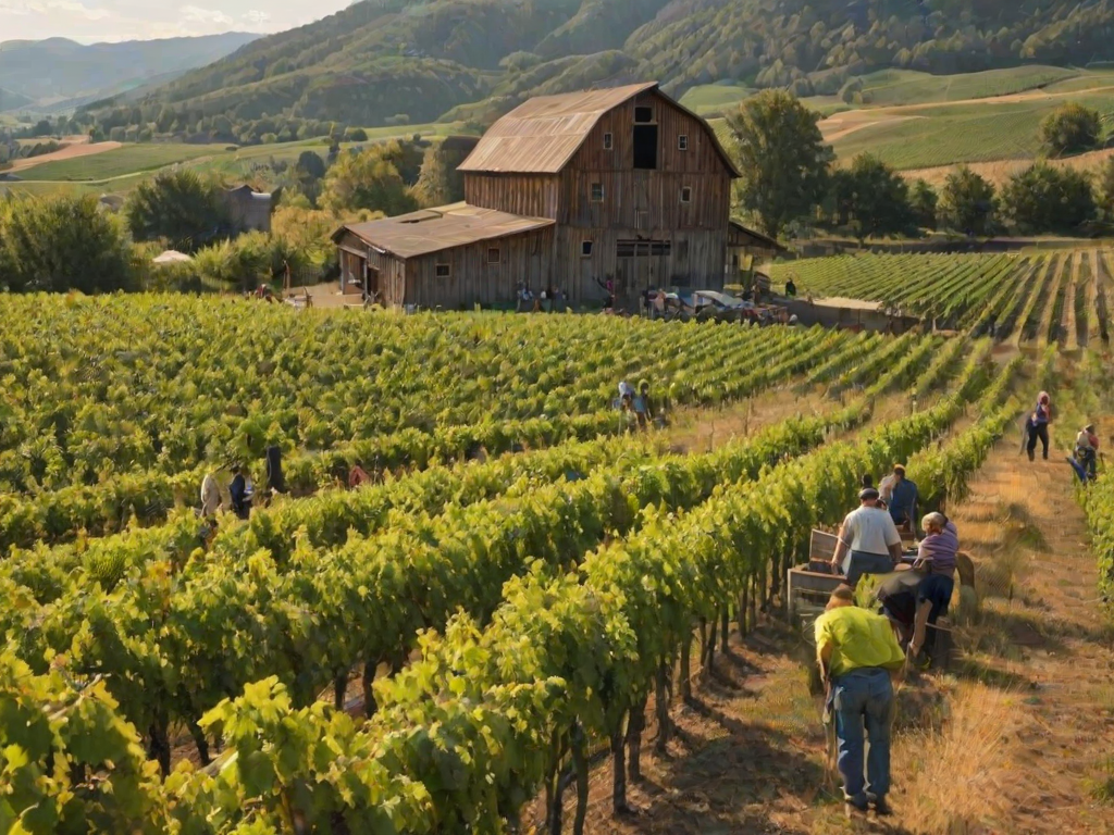 Scenic vineyard during harvest, with workers picking grapes, lush green hills in the background, and a rustic barn adding charm to the landscape.