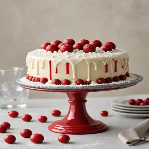 Create an image of a festive cake with a red base and white chocolate drip. Top the cake with a layer of frosting, fresh red berries, and powdered sugar-covered cake balls. Decorate with snowflake designs and a winter theme. Place the cake on a white cake stand against a soft, neutral background. Add a touch of elegance with a ribbon around the stand.