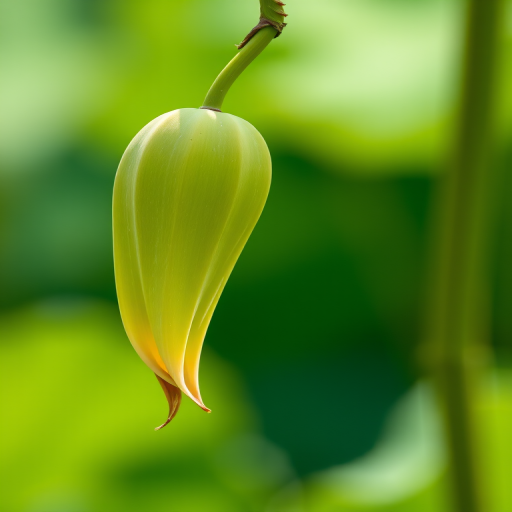Capture a close-up shot of a lotus seed pod hanging from a stem, with a shallow depth of field, using a DSLR camera with a 50mm f/1.8 lens, aperture set to f/2.8, ISO 100, shutter speed 1/200 sec, in bright daylight to enhance colors and details against a softly blurred green background.