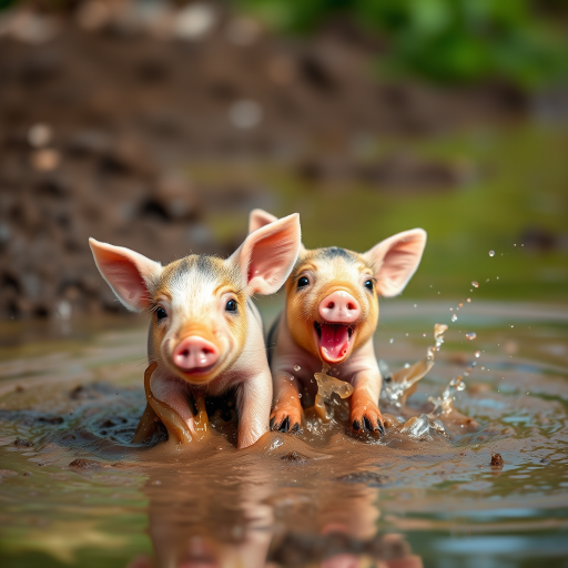 Capture a playful scene of two piglets splashing in muddy water, use a Canon EOS R5, 35mm lens, aperture f/4, ISO 200, shutter speed 1/250s, natural lighting, shallow depth of field for a soft background, vibrant colors to enhance the joyful atmosphere.