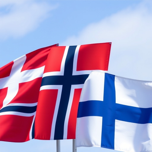 Create an image of four Nordic flags in a horizontal arrangement, with the Danish flag on the left, followed by the Swedish, Norwegian, and Finnish flags, high resolution, macro lens, f/2.8 aperture, ISO 100, daytime light.