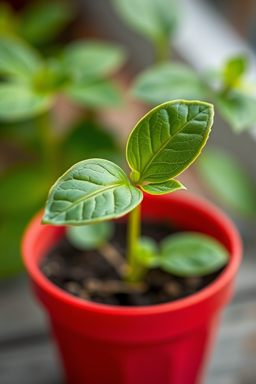 Create a high-resolution image of a green plant with two leaves in a red pot, using a macro lens at f/2.8, 50mm focal length, natural lighting, and a standardized background to enhance color contrast and detail.