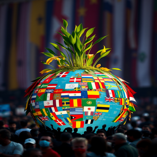 Create an image of a colorful globe covered in flags, with vibrant green leaves sprouting from its top, surrounded by a silhouette of a diverse crowd at the base, with a bokeh background, using a Canon EOS R5, f/2.8, ISO 100, 50mm lens, shot from a low angle to create depth and enhance colors.