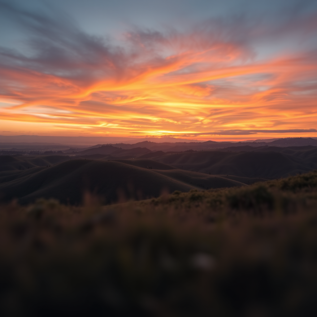 Create a high-resolution image of a serene landscape featuring rolling hills and a vibrant sunset, with soft bokeh effects using a Canon EOS R5, 50mm f/1.2 lens, aperture set at f/8, ISO 100, shutter speed 1/200 sec, captured from a low angle for a dramatic perspective.