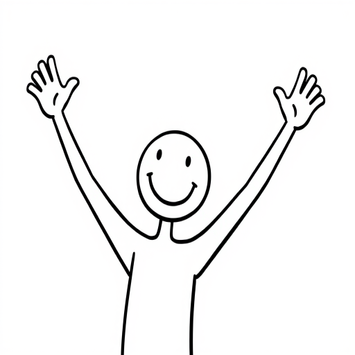 Create a high-resolution digital illustration of a joyful stick figure with arms raised in celebration against a white background, using a Canon EOS 5D Mark IV camera, ISO 100, f/8 aperture, 50mm lens, with a soft focus and high contrast for clarity.