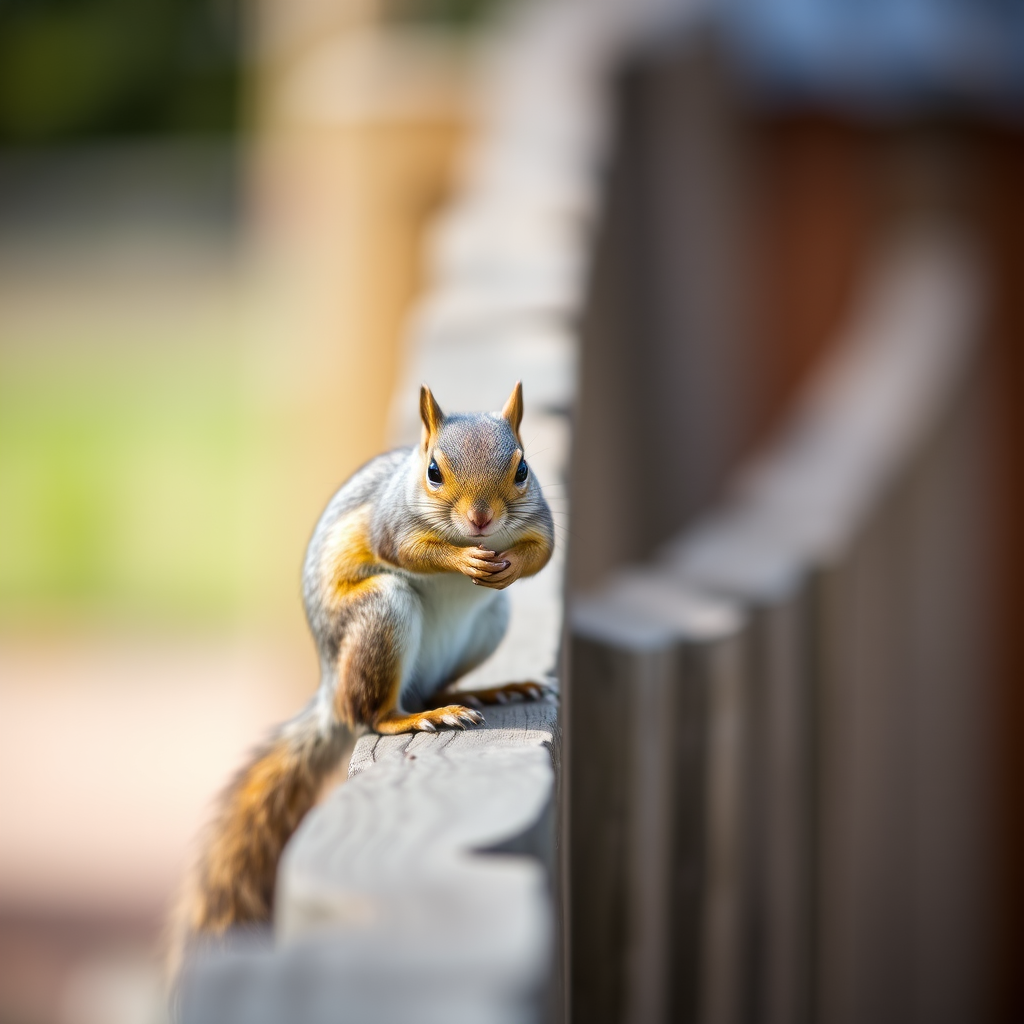 squirrel on a wooden fence, shallow depth of field, 50mm lens, f/2.8 aperture, ISO 200, 1/500s shutter speed, natural light, outdoor setting, focus on the squirrel with a blurred background