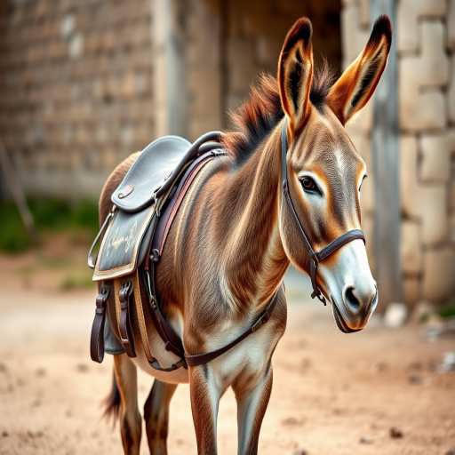 Generate a high-resolution image of a donkey standing with a saddlebag, captured with a DSLR camera at f/5.6 aperture, ISO 100, 50mm lens, in natural light, side view, with a soft focus background.