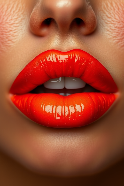 Fiery orange-red lips with a vinyl finish, dubbed "Lava Flow," featuring a subtle gradient effect and fine golden shimmer for a molten, smoldering appearance