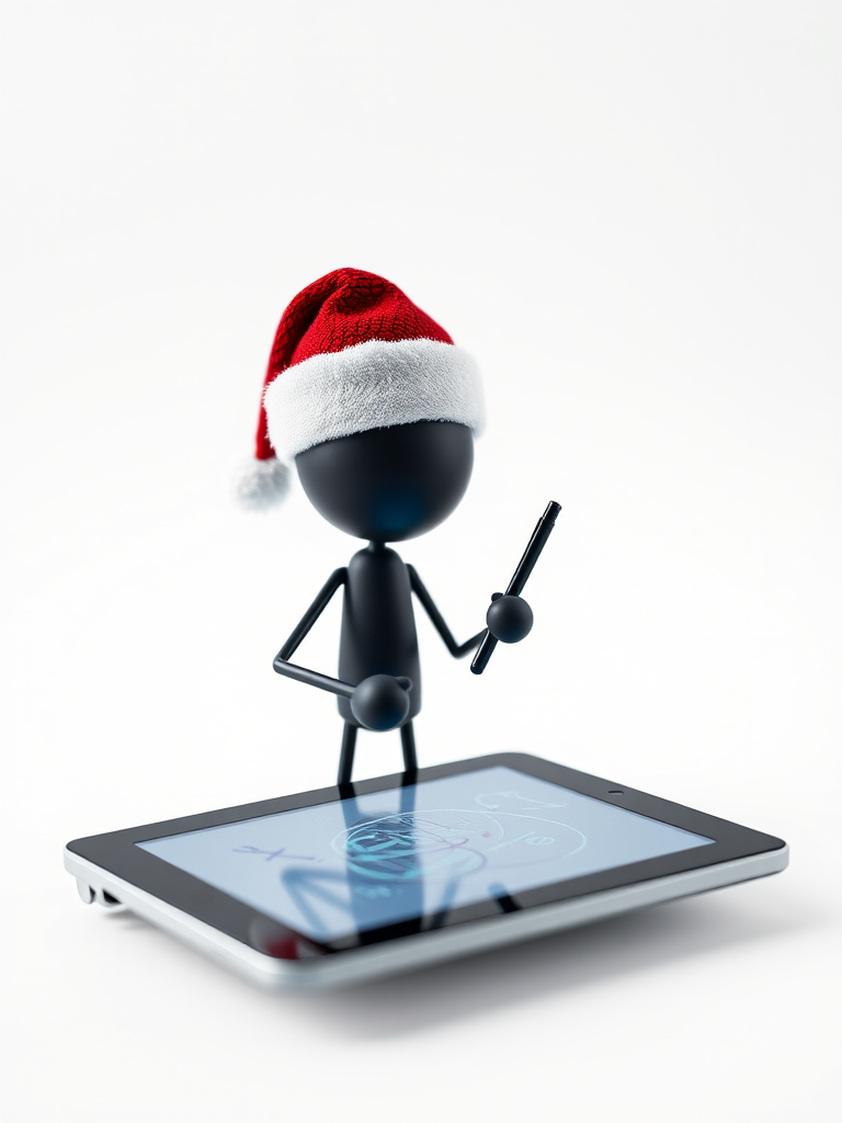 Create a high-resolution image of a 3D stick figure wearing a Santa hat, holding a stylus and drawing on a tablet, set against a solid white background, captured with a DSLR camera at f/2.8 aperture, ISO 100, and 50mm lens for a shallow depth of field.