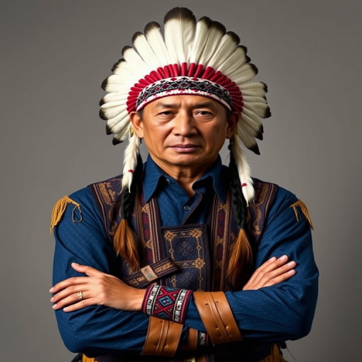 Create a dignified portrait of a Native American man dressed in traditional attire. He wears a beautifully crafted headdress adorned with white feathers and red beads, along with a beaded headband featuring intricate patterns. His clothing includes a deep blue, patterned shirt and a traditional chest piece with detailed beadwork. His arms are crossed, displaying leather armbands decorated with feathers. The background is simple and neutral, emphasizing his proud and stoic expression. The overall image captures the rich cultural heritage and strength of his persona.