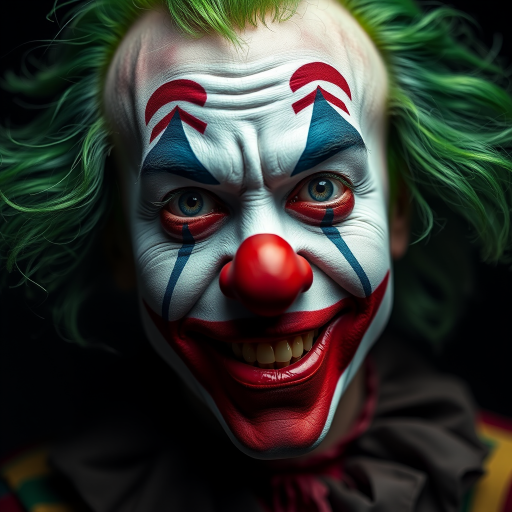 Regenerate a close-up portrait of a colorful clown with green hair and exaggerated facial makeup, using a Canon EOS R5 with a 50mm lens, aperture set at f/1.8 for shallow depth of field, ISO 100 for minimal noise, and soft studio lighting for enhanced details and contrast, maintaining a dark background to emphasize the clown's expression and attire.