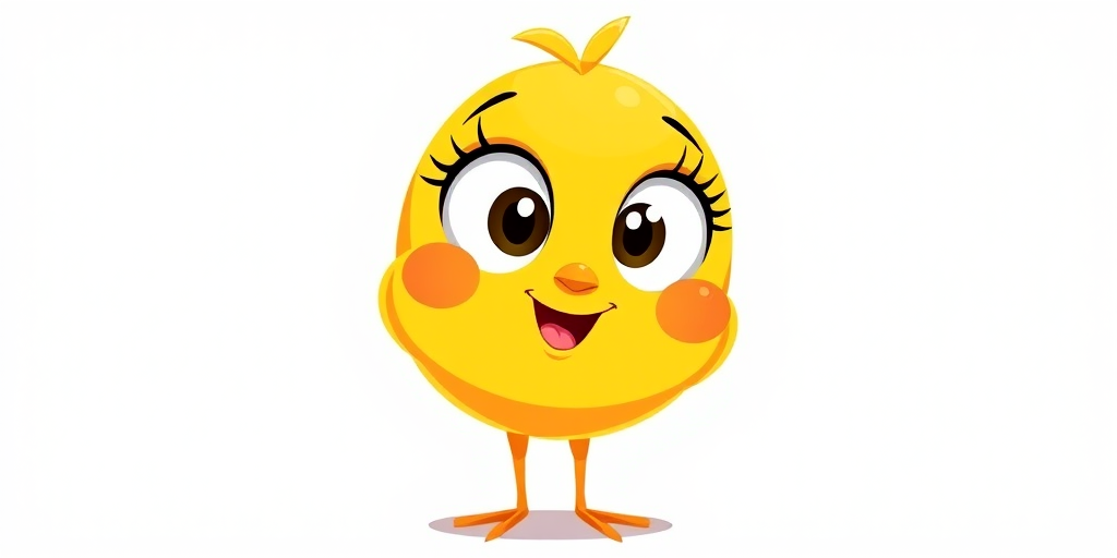 Create a bright, cartoon-style illustration of a cheerful yellow chick with large eyes and an expressive smile, focusing on clean lines and bold colors, using a Canon EOS R5 camera with a 50mm f/1.8 lens, aperture f/2.8, ISO 100, and studio lighting for enhanced clarity and vibrancy.