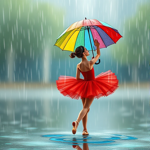 Create a vibrant illustration of a dancer in a red tutu holding a colorful umbrella in the rain, with splashes of blue under her feet, captured with a Canon EOS R5 at f/4, 1/200s, ISO 200, focused on the dancer with a shallow depth of field, in a whimsical, hand-drawn style.