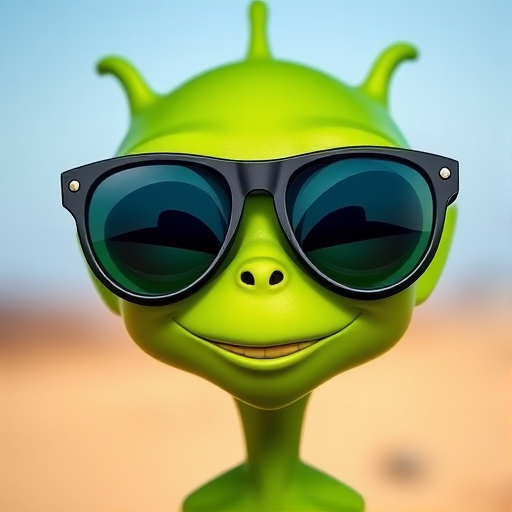 Create a vibrant cartoon character of a green alien with large sunglasses and a big smile, using a DSLR camera with a 50mm lens, aperture f/1.8, ISO 100, natural lighting, and a shallow depth of field for enhanced focus on the alien's features.