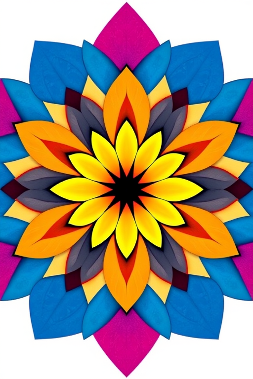 Create an intricate geometric flower design with vibrant colors in a minimalist style, utilizing a DSLR camera at ISO 100, f/8 aperture, 50mm lens, natural lighting, front view, high-resolution capture.