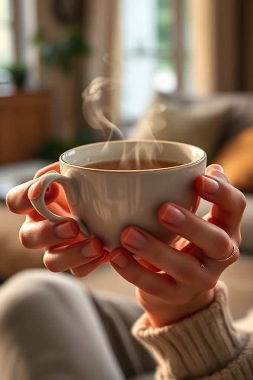 Close-up of a woman’s hands holding a steaming cup of herbal tea, soft light highlighting the delicate teacup, with a cozy living room softly blurred in the background.