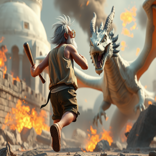 Cartoon 3D High-Resolution,dynamic battle scene using Unreal Engine 5 and Octane Render. The scene features back of an elderly, thai man with a beard,messy hair and round golden-rimmed glasses. He is wearing a tattered tank top with soot marks, shorts, and sandals. sweating. he wields a baseball bat. He jump to fight with a white fire-breathing Europe dragon amidst a partially destroyed stone castle. Include intense flames, smoke, and debris to enhance the dramatic effect.