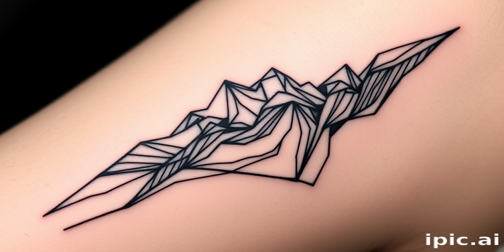 Minimalist blackwork tattoo called "Shadows and Lines" showcasing intricate linework and negative space, creating a striking contrast against the skin with bold black ink and precise geometric patterns, inspired by architectural blueprints and topographical maps
