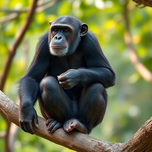 chimpanzee sitting on a tree branch in a contemplative pose, natural lighting, shallow depth of field, 85mm lens, f/1.8, ISO 200, 1/500s, side profile view, DSLR camera