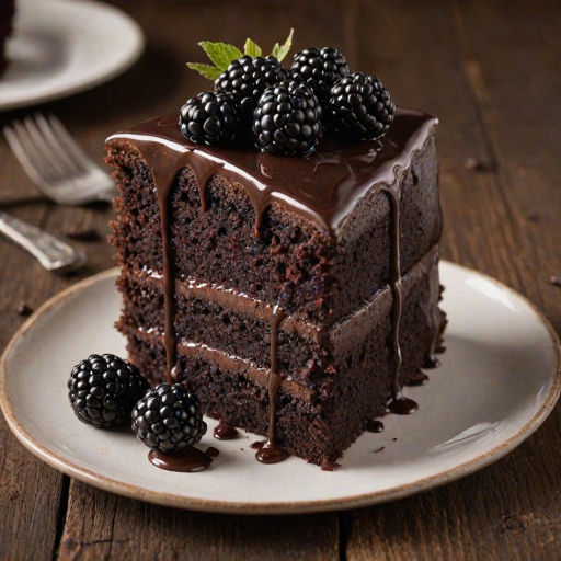 Generate an image of a slice of rich chocolate cake layered with blackberry filling. The cake should have a glossy chocolate ganache on top and be garnished with fresh blackberries. The background should be warm and rustic, enhancing the inviting look of the dessert.