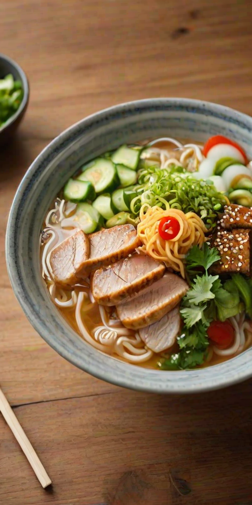 Close-up of a steaming bowl of ramen, garnished with fresh herbs and vegetables, set on a wooden table with chopsticks resting beside it, creating an inviting culinary scene.